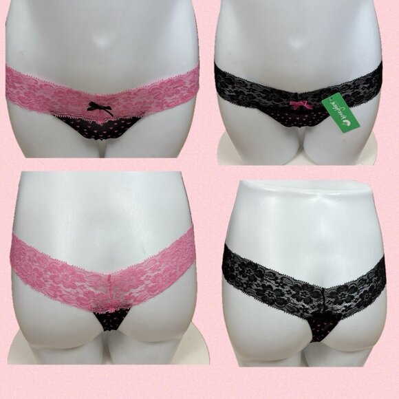 Honeydew Intimates M/L Pink-Black Heart Lace Waist Bow Thong Panties-Set of 2 - Picture 1 of 10